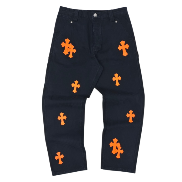 Chrome Hearts Fleur Knee Cross Patch Jeans Black Orange