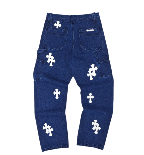 Chrome Hearts Regular Men Dark Blue White Patches Jeans