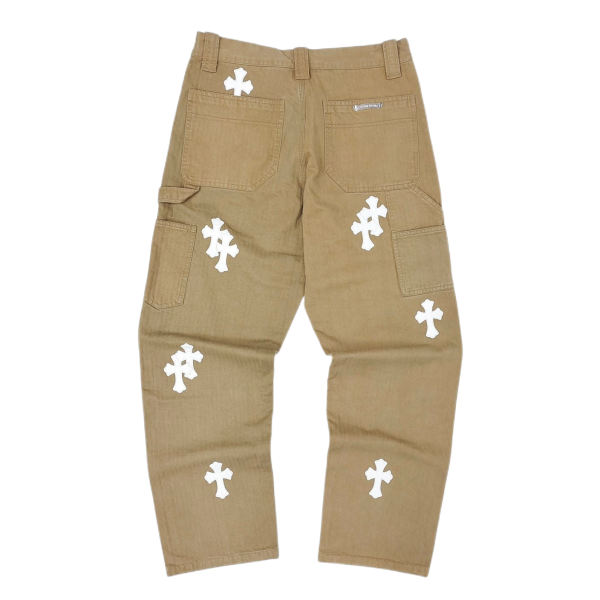 Chrome Hearts Fleur Knee Cross Patch Jeans Brown White