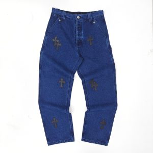 Chrome Hearts Regular Men Dark Blue Black Patches Jeans