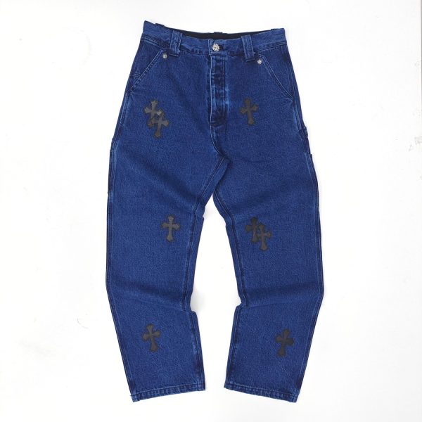 Chrome Hearts Regular Men Dark Blue Black Patches Jeans
